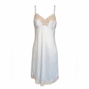 Vintage Val Mode ice Blue Nylon Slip Dress Ivory Lace Size 34 XS